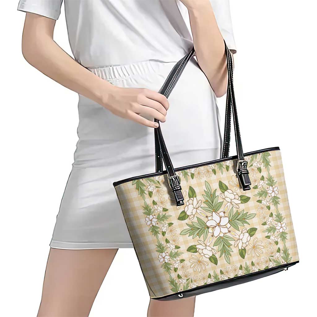Squares Maile Leaf Leather Tote Bag Beige Palaka Hawaiian Quilt Pattern - Polynesian Pride