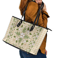 Squares Maile Leaf Leather Tote Bag Beige Palaka Hawaiian Quilt Pattern - Polynesian Pride