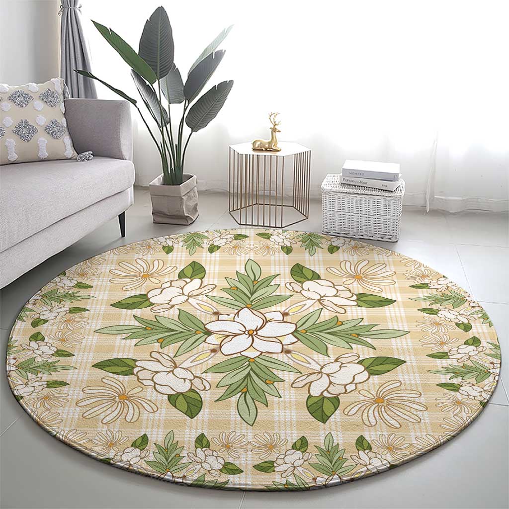 Squares Maile Leaf Round Carpet Beige Palaka Hawaiian Quilt Pattern - Polynesian Pride