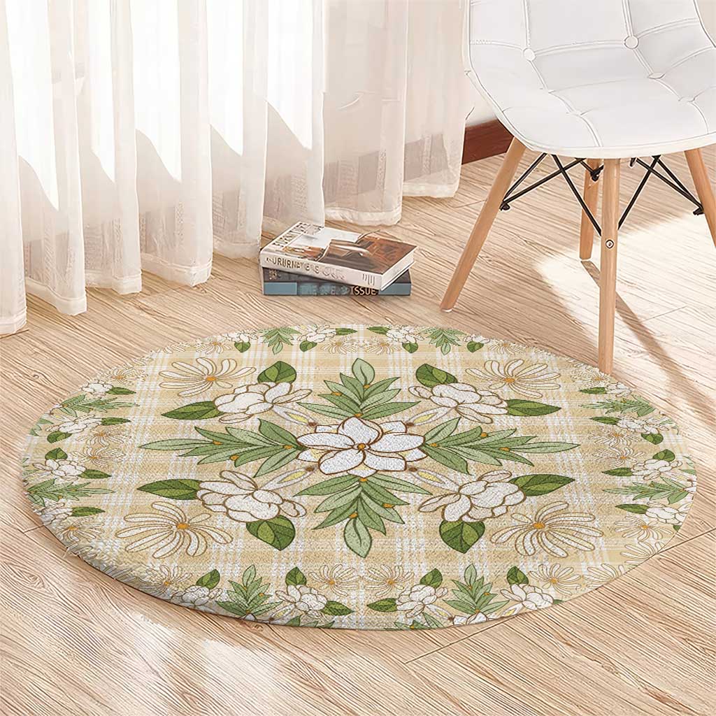 Squares Maile Leaf Round Carpet Beige Palaka Hawaiian Quilt Pattern - Polynesian Pride