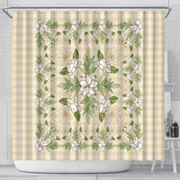 Squares Maile Leaf Shower Curtain Beige Palaka Hawaiian Quilt Pattern - Polynesian Pride