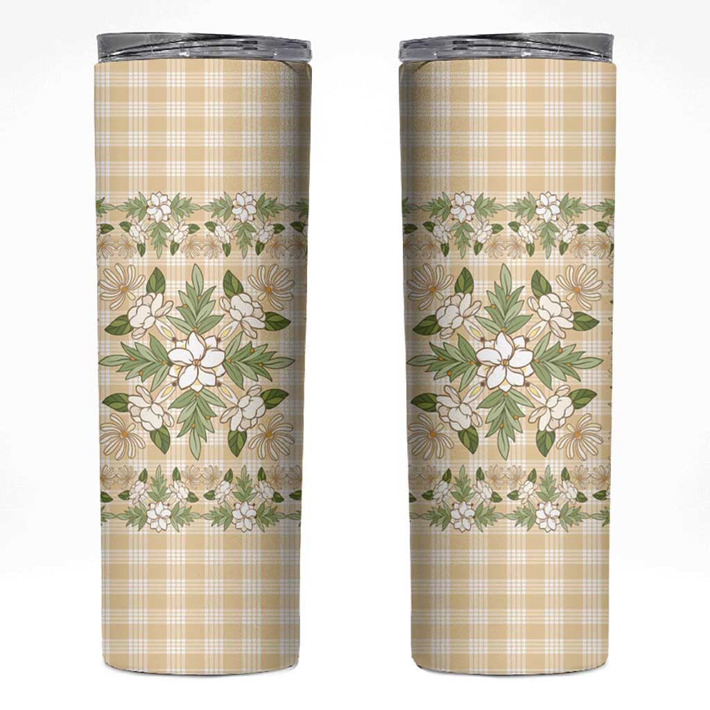 Squares Maile Leaf Skinny Tumbler Beige Palaka Hawaiian Quilt Pattern - Polynesian Pride
