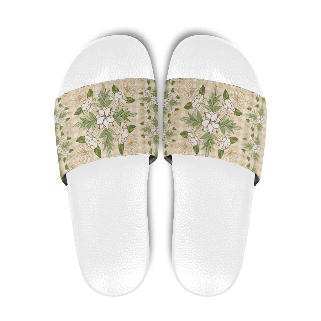 Squares Maile Leaf Slide Sandals Beige Palaka Hawaiian Quilt Pattern - Polynesian Pride