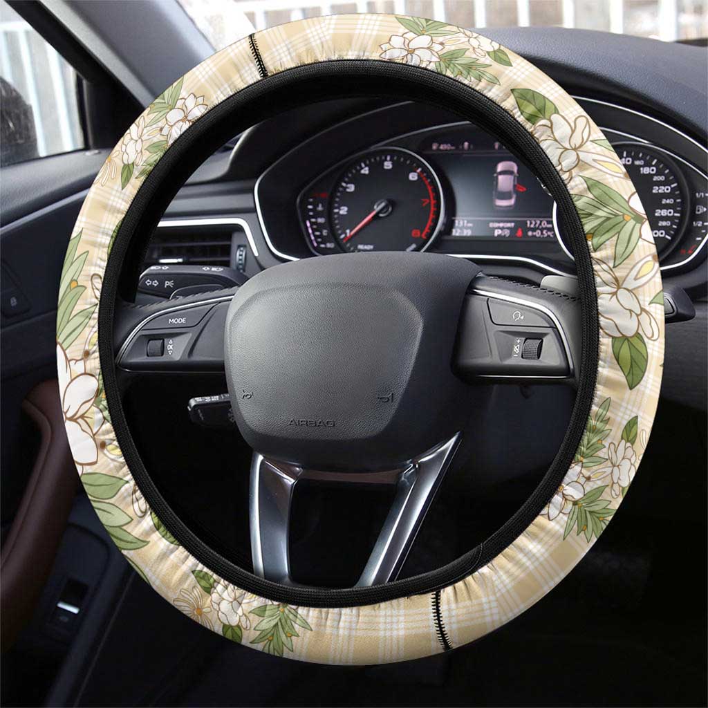 Squares Maile Leaf Steering Wheel Cover Beige Palaka Hawaiian Quilt Pattern - Polynesian Pride