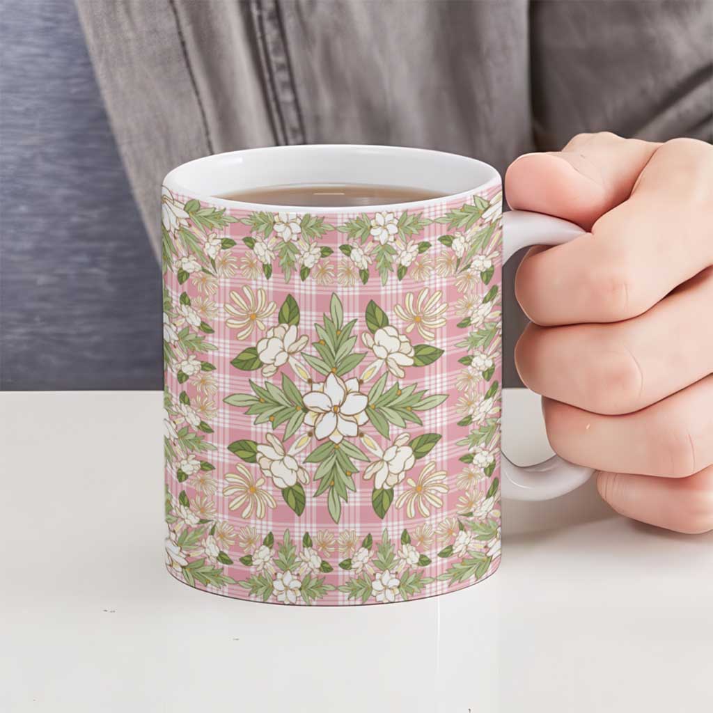 Squares Maile Leaf Ceramic Mug Pink Palaka Hawaiian Quilt Pattern - Polynesian Pride