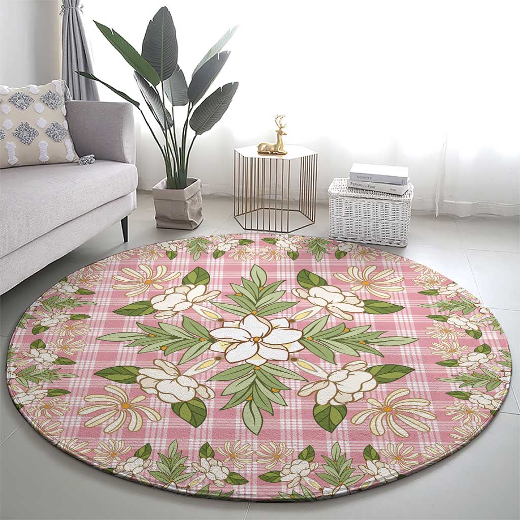 Squares Maile Leaf Round Carpet Pink Palaka Hawaiian Quilt Pattern - Polynesian Pride