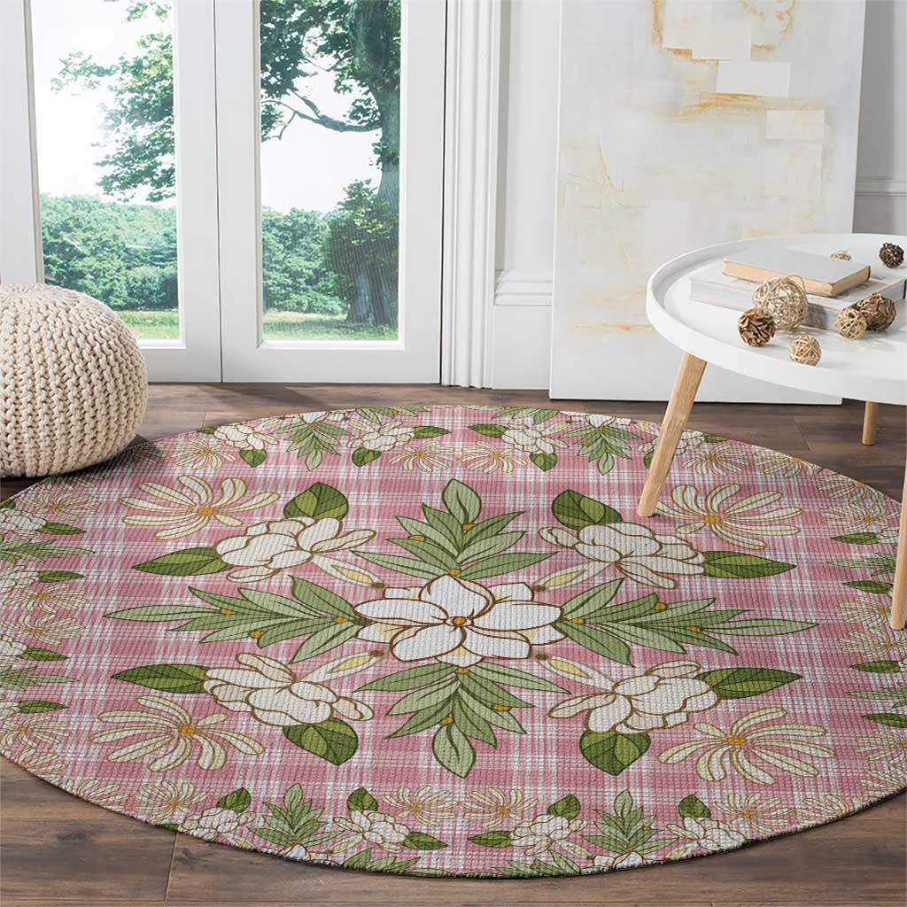 Squares Maile Leaf Round Carpet Pink Palaka Hawaiian Quilt Pattern - Polynesian Pride