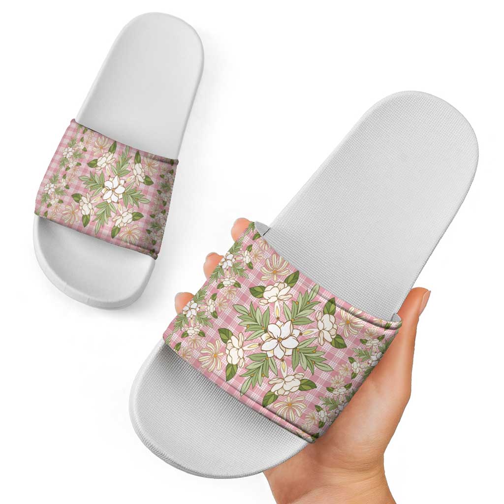 Squares Maile Leaf Slide Sandals Pink Palaka Hawaiian Quilt Pattern - Polynesian Pride