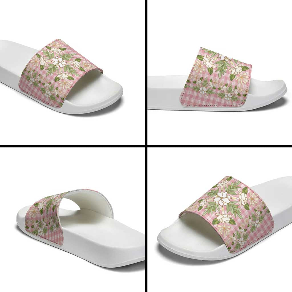 Squares Maile Leaf Slide Sandals Pink Palaka Hawaiian Quilt Pattern - Polynesian Pride