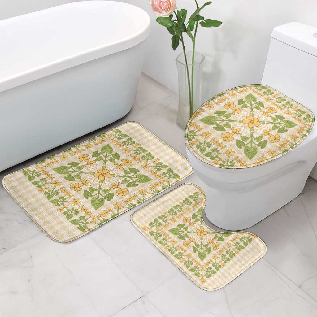 Squares Puakenikeni and Kalo Bathroom Set Beige Palaka Hawaiian Quilt Pattern - Polynesian Pride