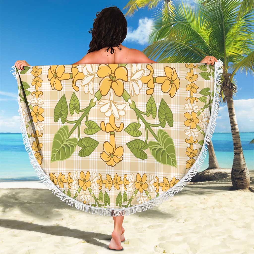 Squares Puakenikeni and Kalo Beach Blanket Beige Palaka Hawaiian Quilt Pattern - Polynesian Pride