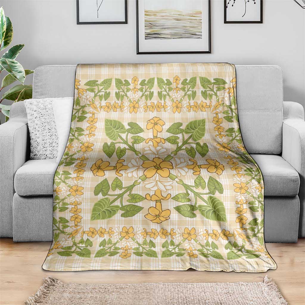 Squares Puakenikeni and Kalo Blanket Beige Palaka Hawaiian Quilt Pattern - Polynesian Pride