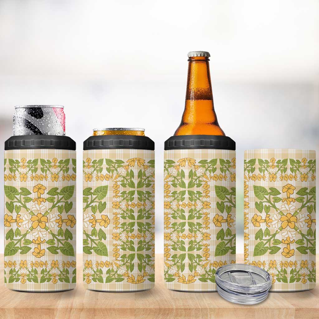 Squares Puakenikeni and Kalo 4 in 1 Can Cooler Tumbler Beige Palaka Hawaiian Quilt Pattern - Polynesian Pride