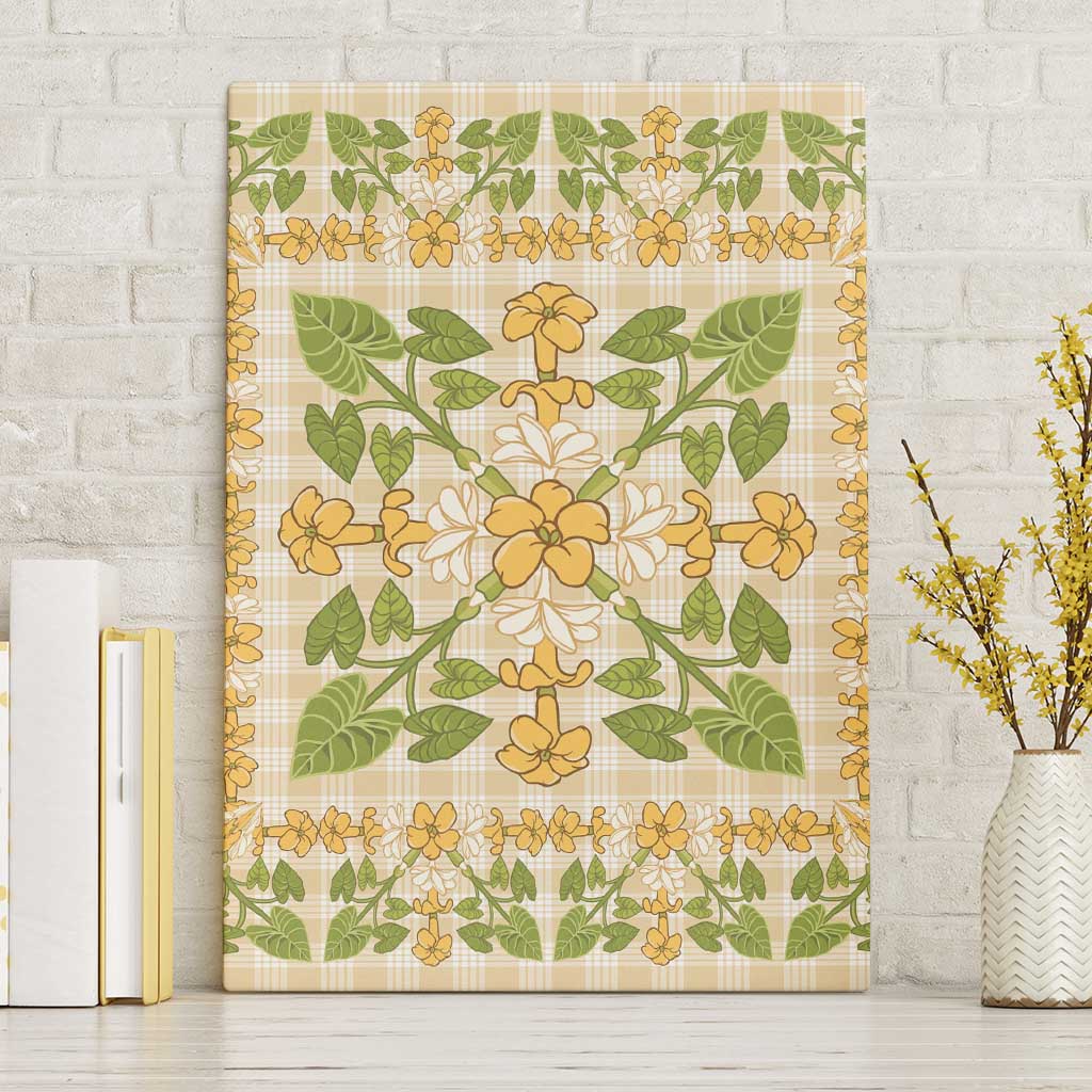 Squares Puakenikeni and Kalo Canvas Wall Art Beige Palaka Hawaiian Quilt Pattern - Polynesian Pride