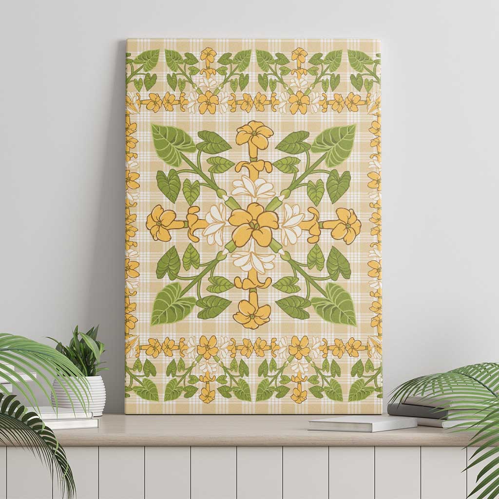 Squares Puakenikeni and Kalo Canvas Wall Art Beige Palaka Hawaiian Quilt Pattern - Polynesian Pride