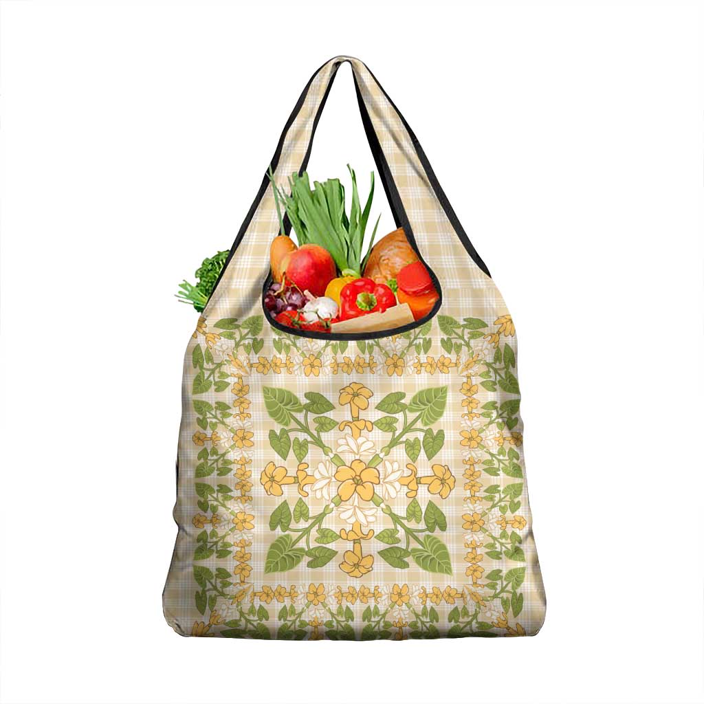 Squares Puakenikeni and Kalo Grocery Bag Beige Palaka Hawaiian Quilt Pattern - Polynesian Pride