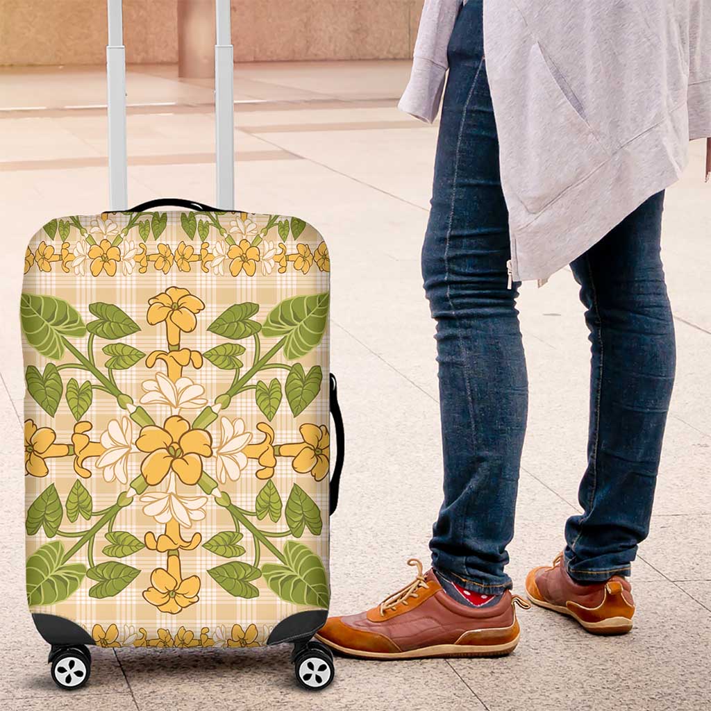 Squares Puakenikeni and Kalo Luggage Cover Beige Palaka Hawaiian Quilt Pattern - Polynesian Pride