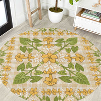 Squares Puakenikeni and Kalo Round Carpet Beige Palaka Hawaiian Quilt Pattern - Polynesian Pride