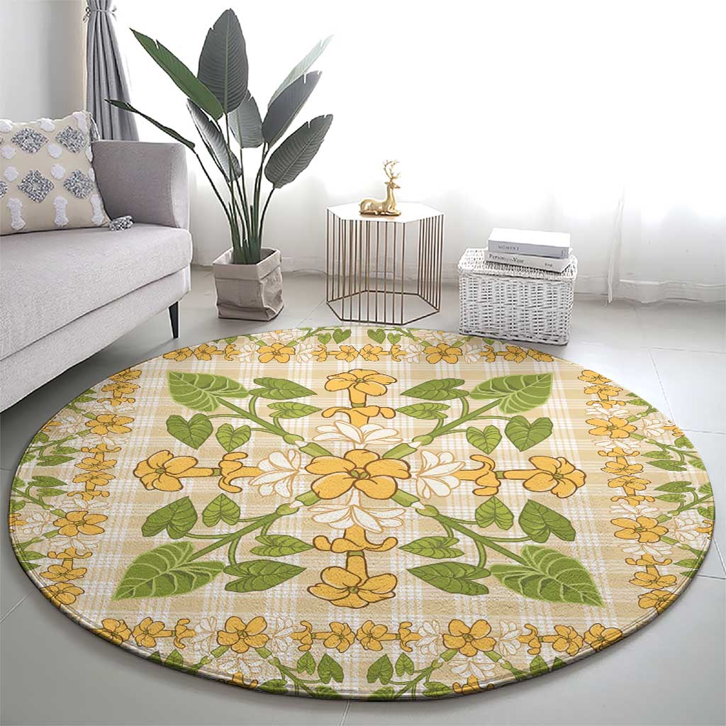 Squares Puakenikeni and Kalo Round Carpet Beige Palaka Hawaiian Quilt Pattern - Polynesian Pride