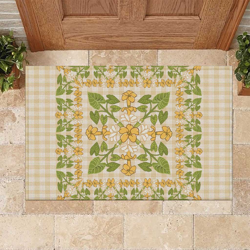 Squares Puakenikeni and Kalo Rubber Doormat Beige Palaka Hawaiian Quilt Pattern - Polynesian Pride