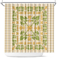 Squares Puakenikeni and Kalo Shower Curtain Beige Palaka Hawaiian Quilt Pattern - Polynesian Pride