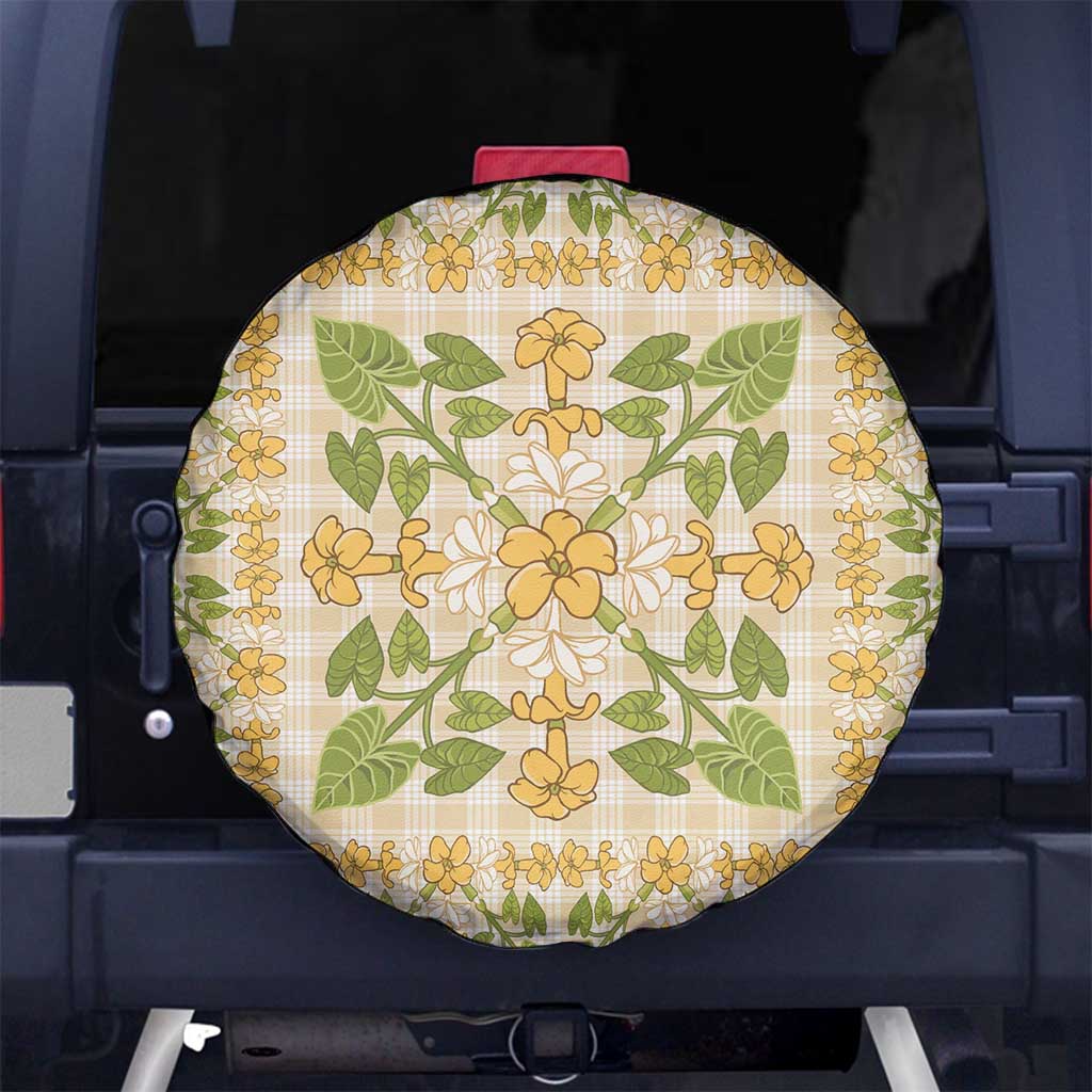 Squares Puakenikeni and Kalo Spare Tire Cover Beige Palaka Hawaiian Quilt Pattern - Polynesian Pride