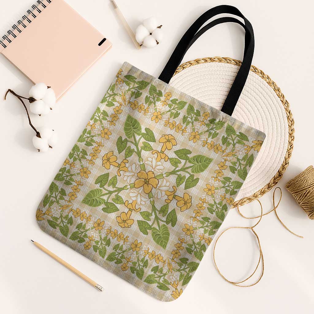 Squares Puakenikeni and Kalo Tote Bag Beige Palaka Hawaiian Quilt Pattern - Polynesian Pride