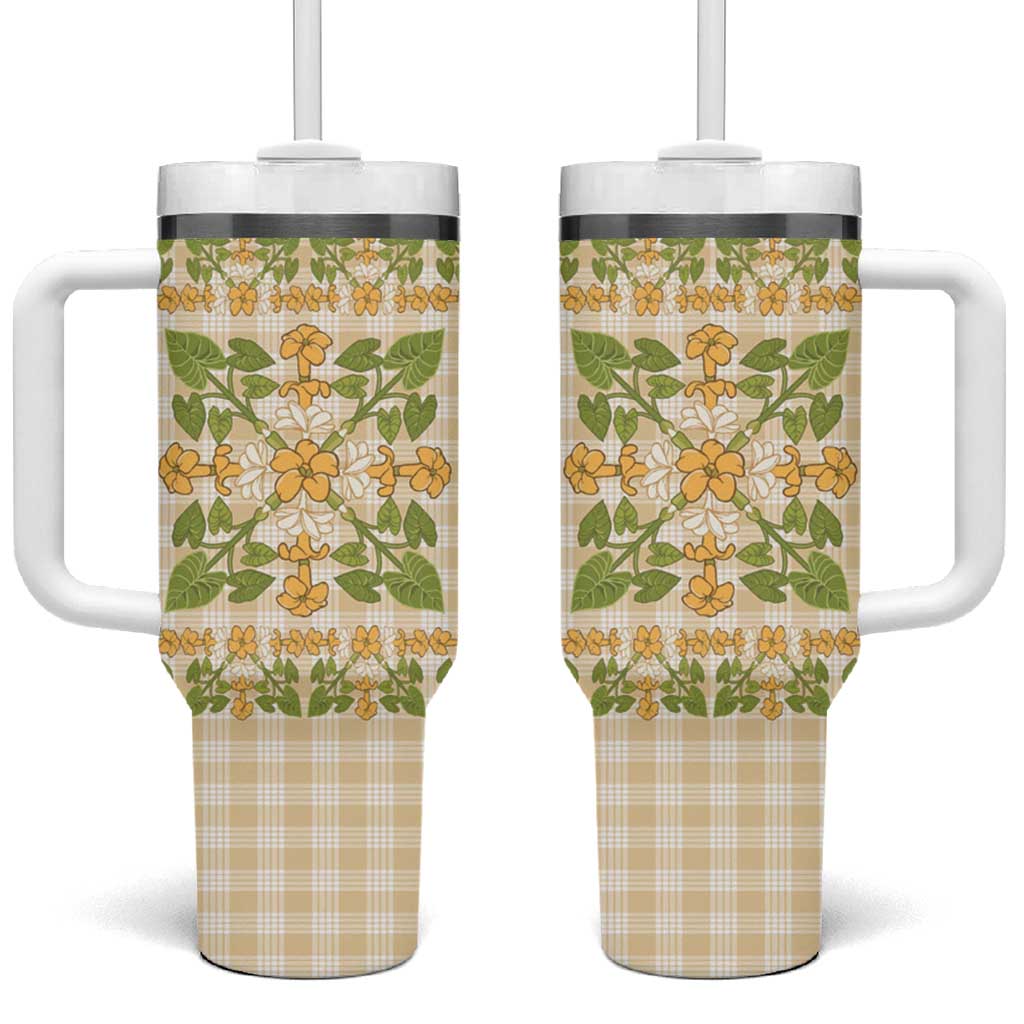 Squares Puakenikeni and Kalo Tumbler With Handle Beige Palaka Hawaiian Quilt Pattern - Polynesian Pride
