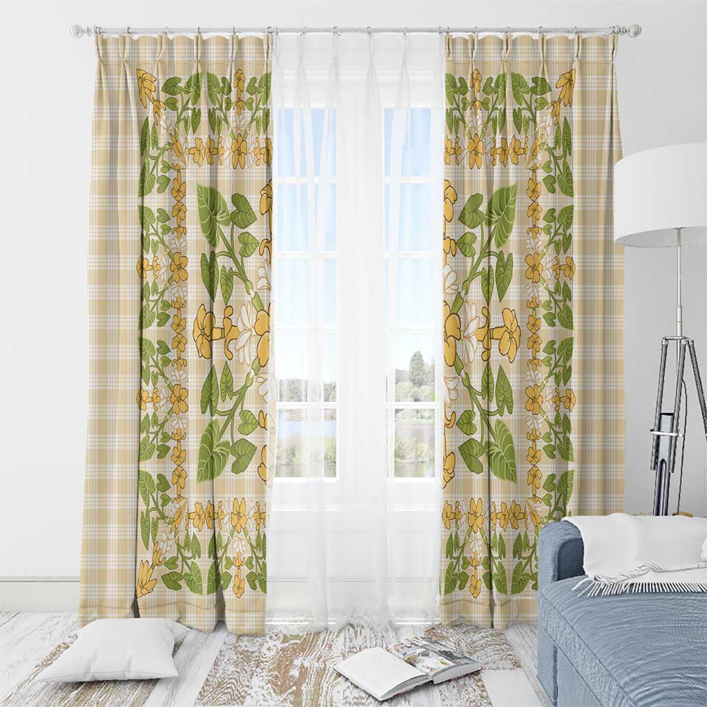 Squares Puakenikeni and Kalo Window Curtain Beige Palaka Hawaiian Quilt Pattern - Polynesian Pride