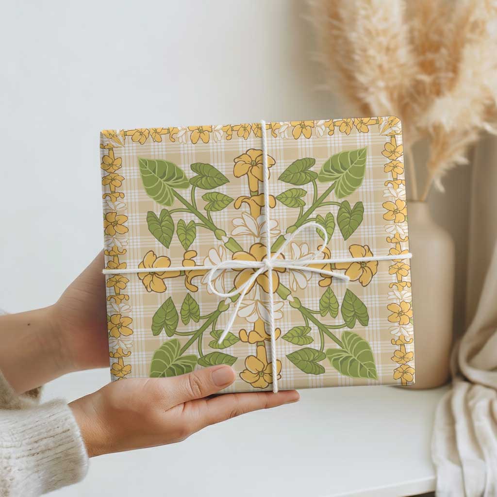 Squares Puakenikeni and Kalo Wrapping Paper Beige Palaka Hawaiian Quilt Pattern - Polynesian Pride