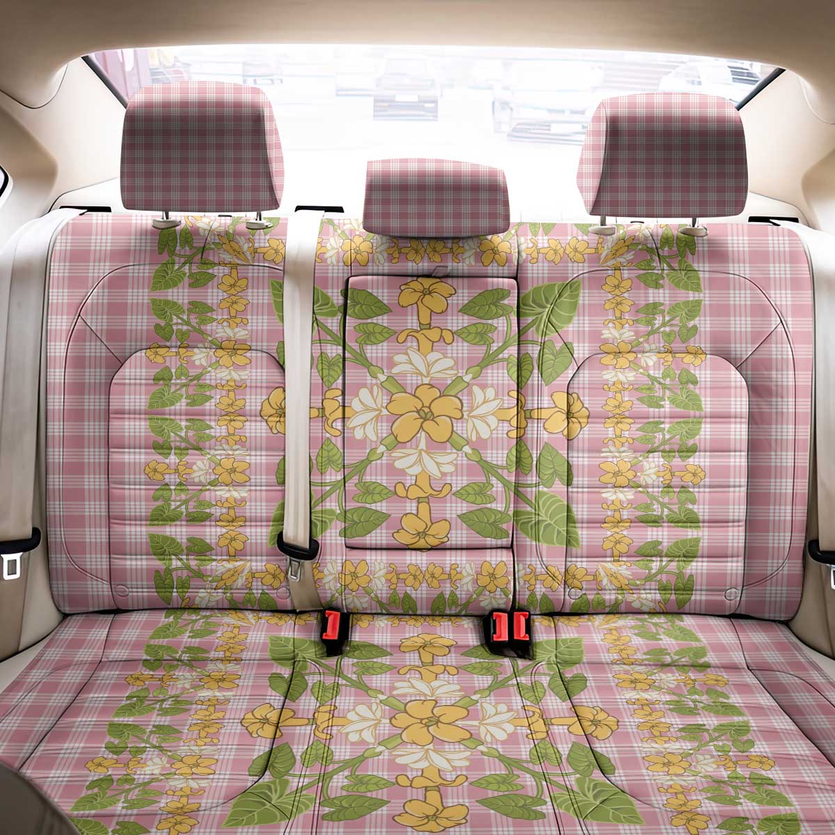 Squares Puakenikeni and Kalo Back Car Seat Cover Pink Palaka Hawaiian Quilt Pattern - Polynesian Pride