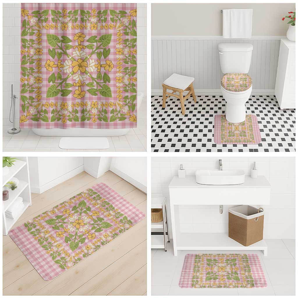 Squares Puakenikeni and Kalo Bathroom Set Pink Palaka Hawaiian Quilt Pattern - Polynesian Pride