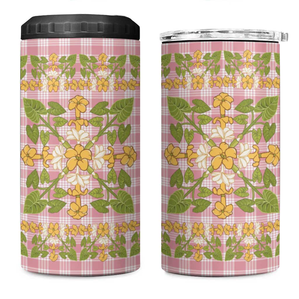 Squares Puakenikeni and Kalo 4 in 1 Can Cooler Tumbler Pink Palaka Hawaiian Quilt Pattern - Polynesian Pride