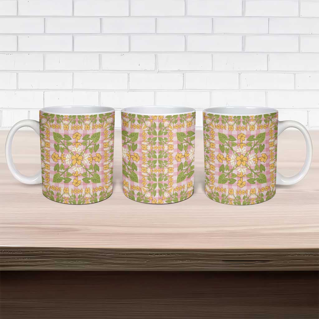 Squares Puakenikeni and Kalo Ceramic Mug Pink Palaka Hawaiian Quilt Pattern - Polynesian Pride