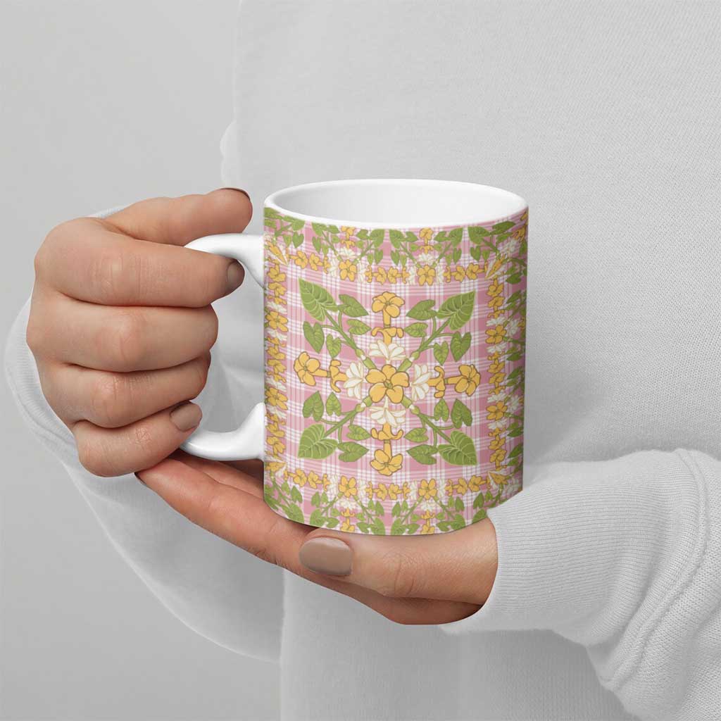Squares Puakenikeni and Kalo Ceramic Mug Pink Palaka Hawaiian Quilt Pattern - Polynesian Pride
