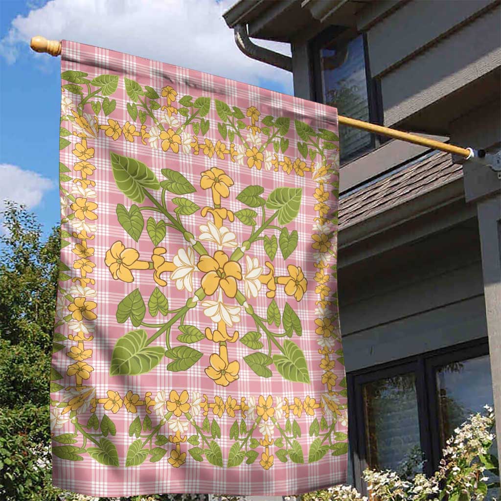 Squares Puakenikeni and Kalo Garden Flag Pink Palaka Hawaiian Quilt Pattern - Polynesian Pride