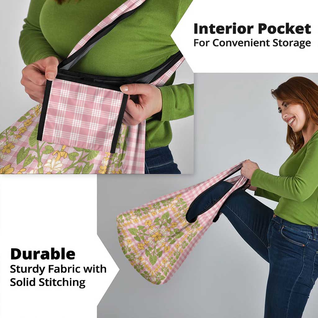 Squares Puakenikeni and Kalo Grocery Bag Pink Palaka Hawaiian Quilt Pattern - Polynesian Pride