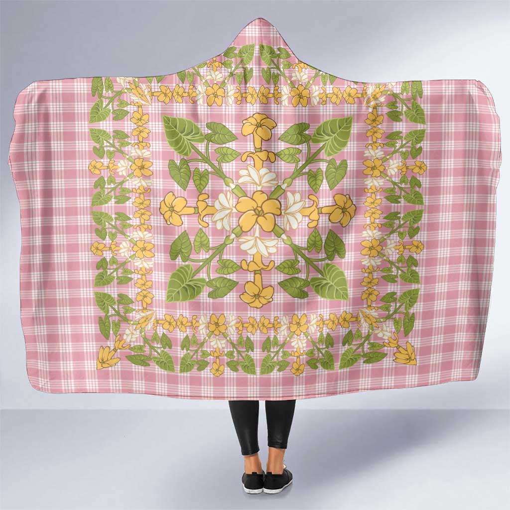 Squares Puakenikeni and Kalo Hooded Blanket Pink Palaka Hawaiian Quilt Pattern - Polynesian Pride
