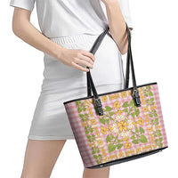 Squares Puakenikeni and Kalo Leather Tote Bag Pink Palaka Hawaiian Quilt Pattern - Polynesian Pride