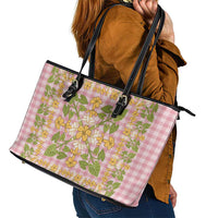 Squares Puakenikeni and Kalo Leather Tote Bag Pink Palaka Hawaiian Quilt Pattern - Polynesian Pride