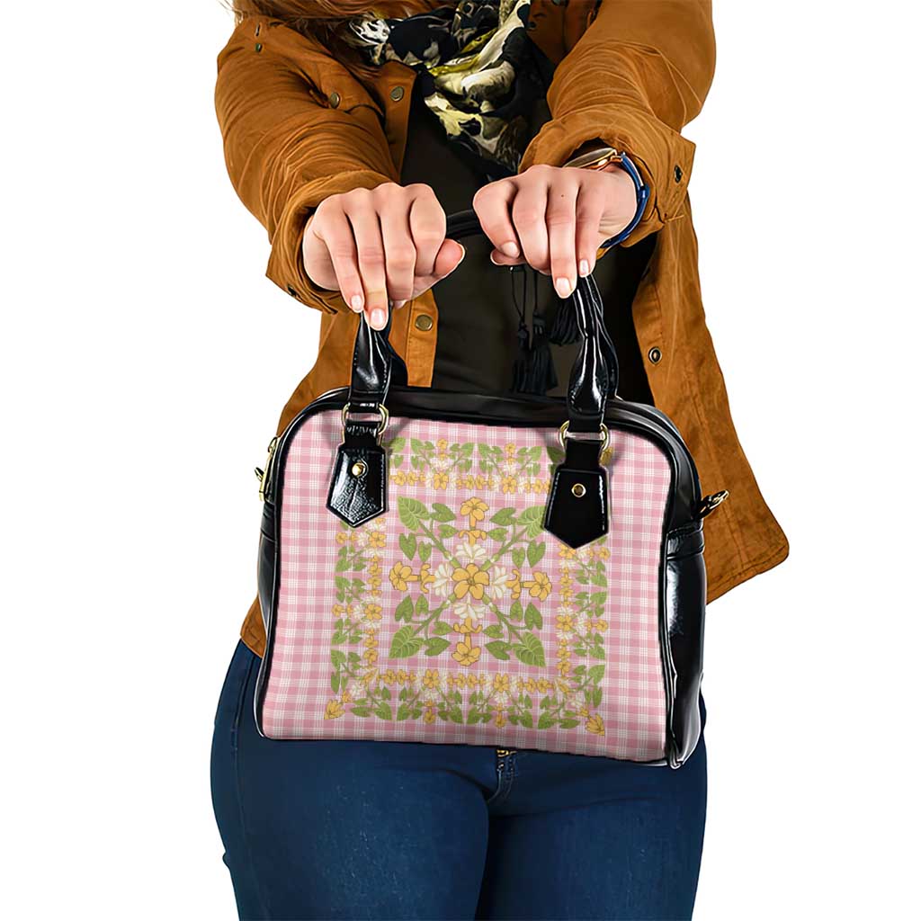 Squares Puakenikeni and Kalo Shoulder Handbag Pink Palaka Hawaiian Quilt Pattern - Polynesian Pride