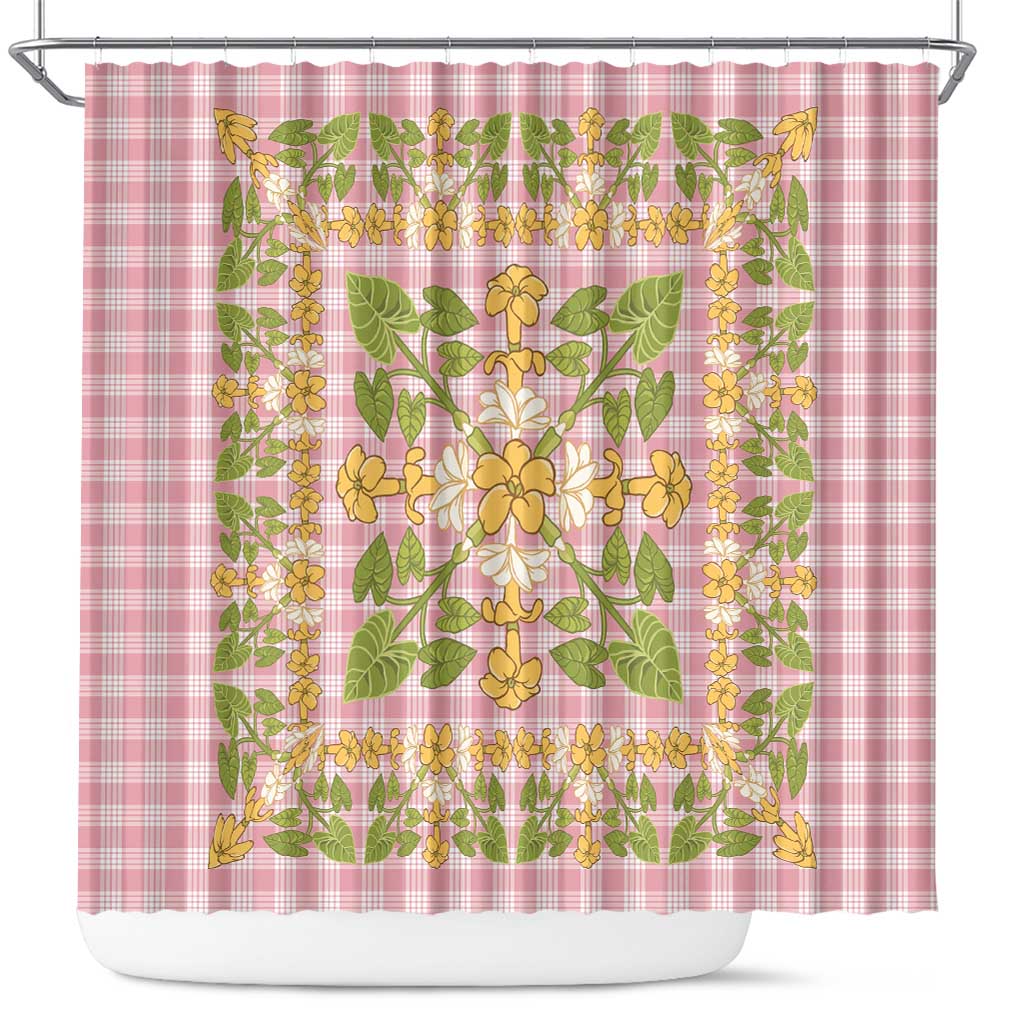 Squares Puakenikeni and Kalo Shower Curtain Pink Palaka Hawaiian Quilt Pattern - Polynesian Pride