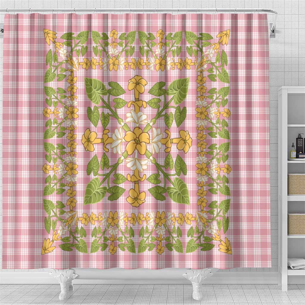 Squares Puakenikeni and Kalo Shower Curtain Pink Palaka Hawaiian Quilt Pattern - Polynesian Pride