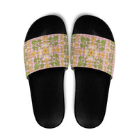 Squares Puakenikeni and Kalo Slide Sandals Pink Palaka Hawaiian Quilt Pattern - Polynesian Pride