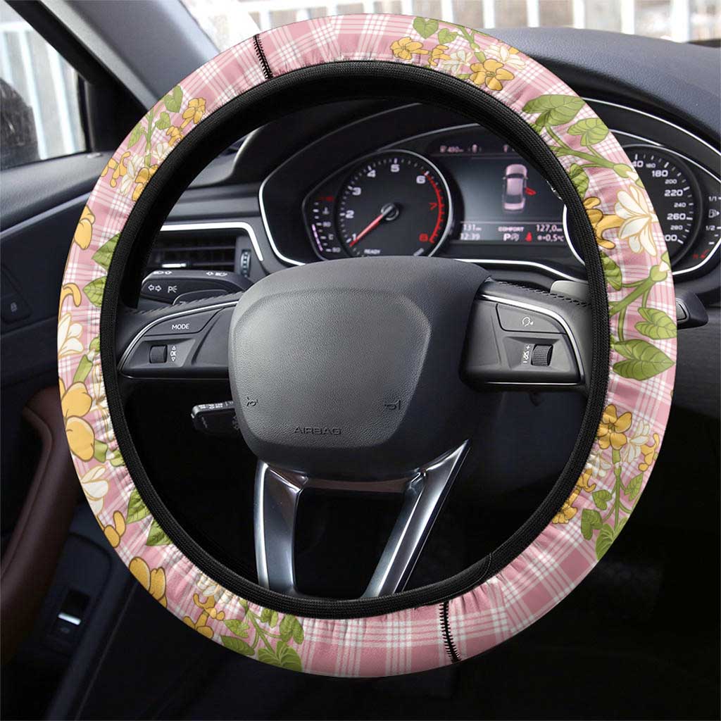 Squares Puakenikeni and Kalo Steering Wheel Cover Pink Palaka Hawaiian Quilt Pattern - Polynesian Pride