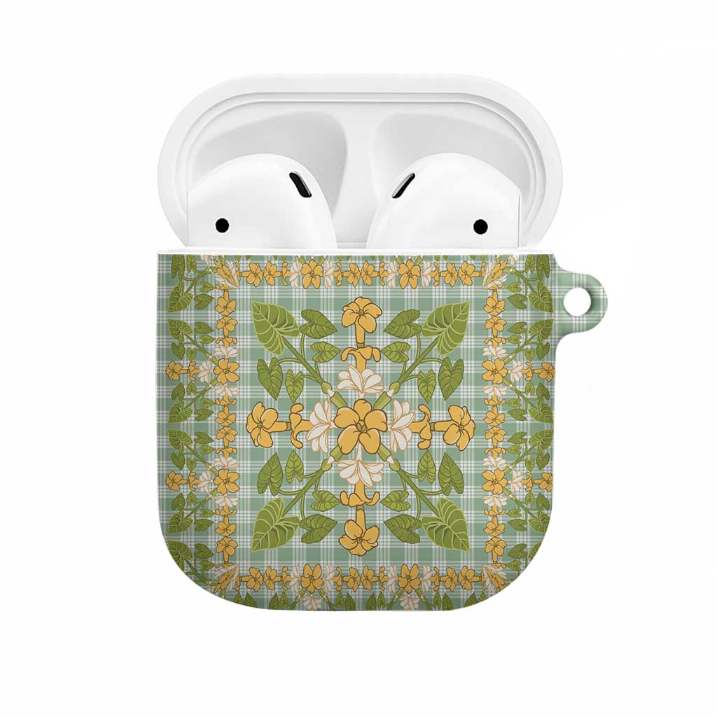 Squares Puakenikeni and Kalo AirPods Case Turquoise Palaka Hawaiian Quilt Pattern - Polynesian Pride