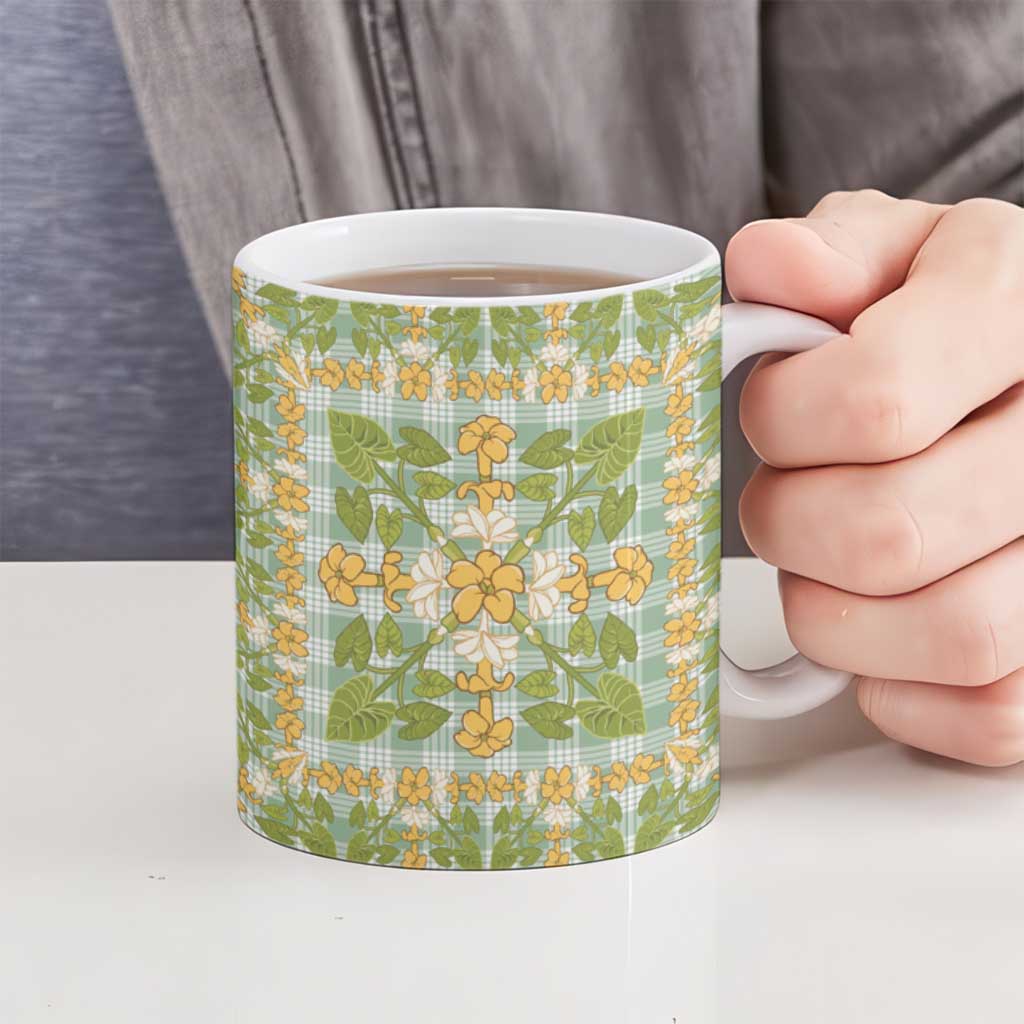 Squares Puakenikeni and Kalo Ceramic Mug Turquoise Palaka Hawaiian Quilt Pattern - Polynesian Pride