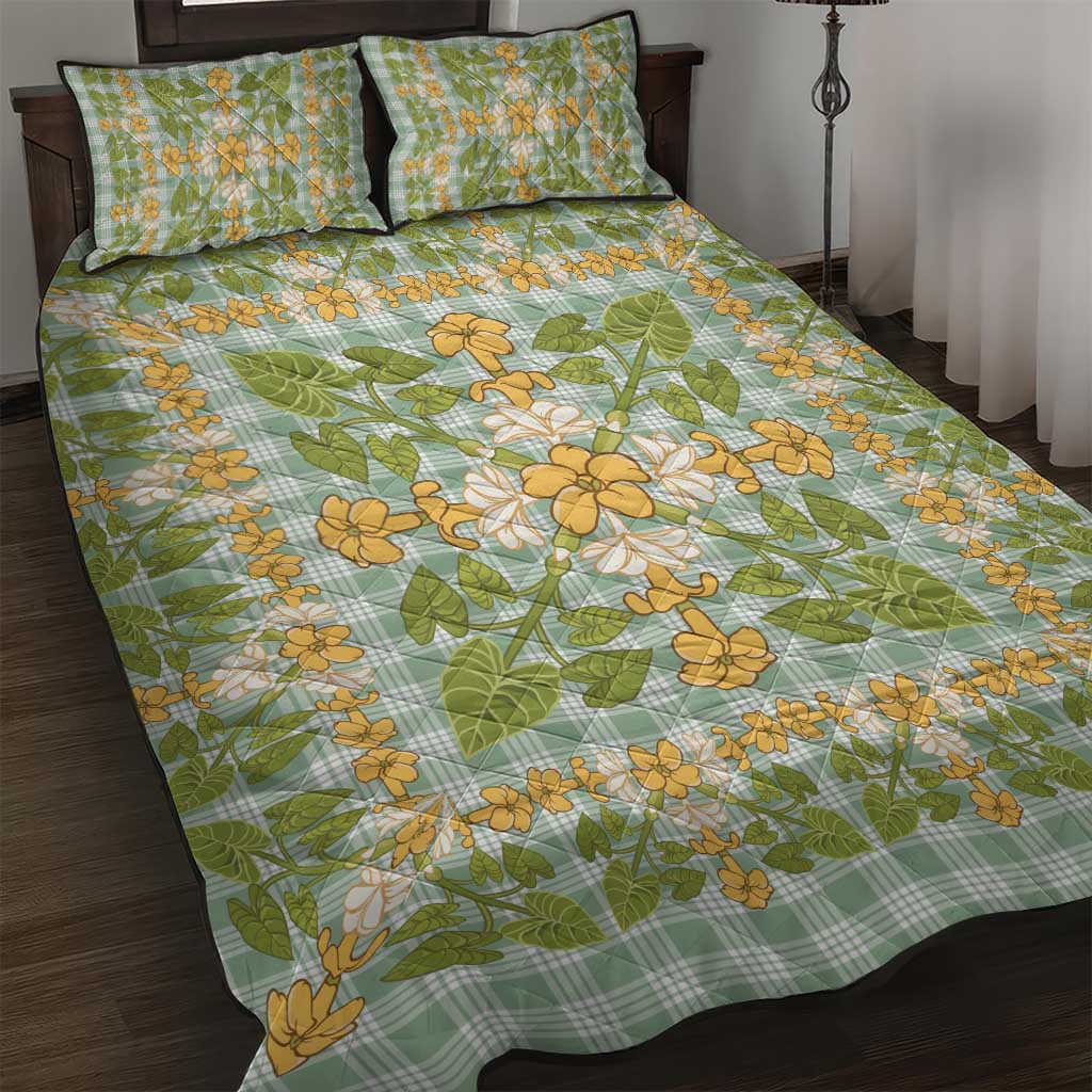 Squares Puakenikeni and Kalo Quilt Bed Set Turquoise Palaka Hawaiian Quilt Pattern - Polynesian Pride