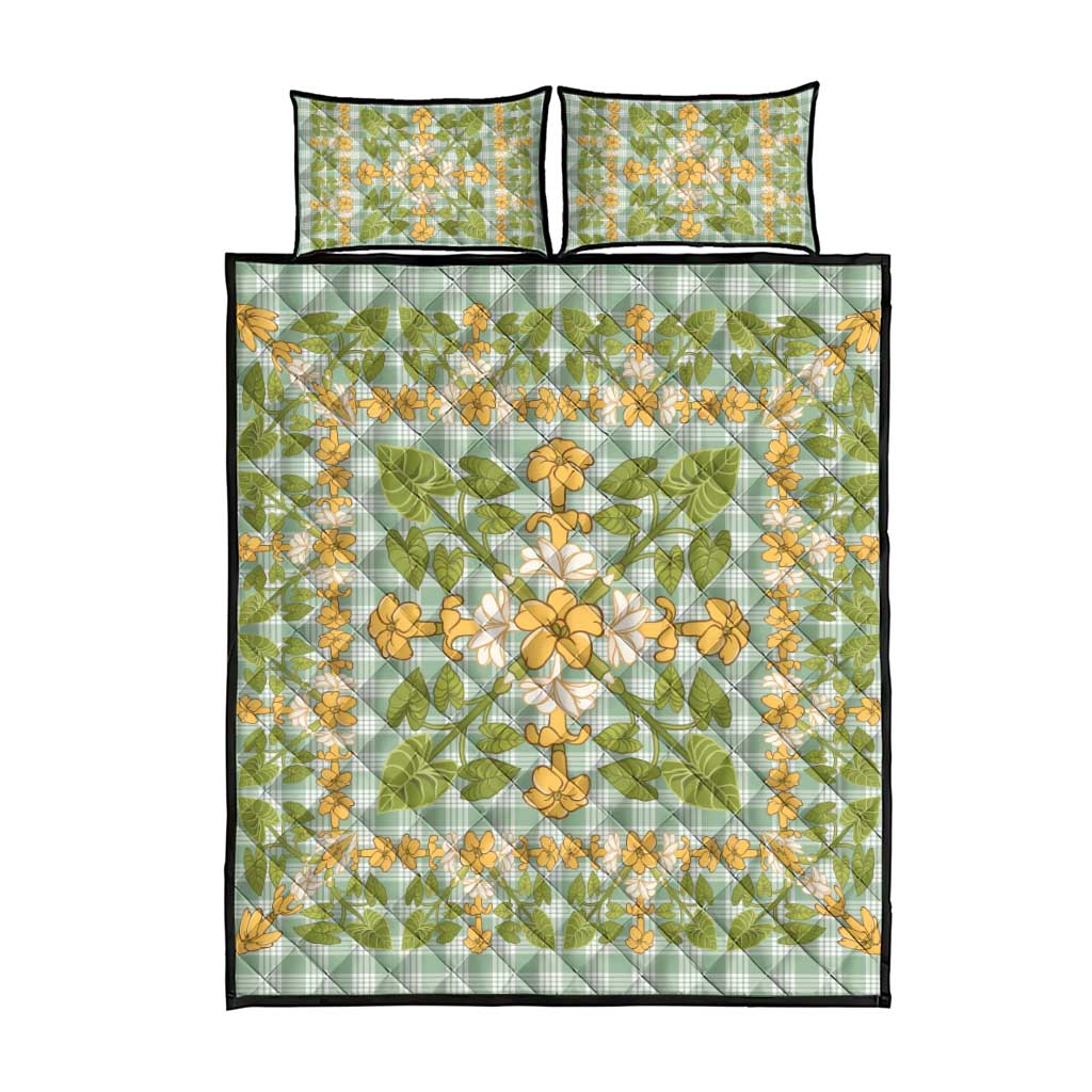 Squares Puakenikeni and Kalo Quilt Bed Set Turquoise Palaka Hawaiian Quilt Pattern - Polynesian Pride