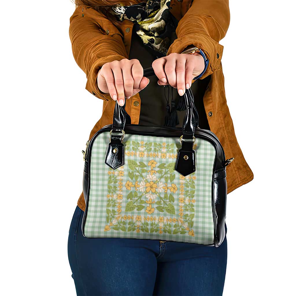 Squares Puakenikeni and Kalo Shoulder Handbag Turquoise Palaka Hawaiian Quilt Pattern - Polynesian Pride